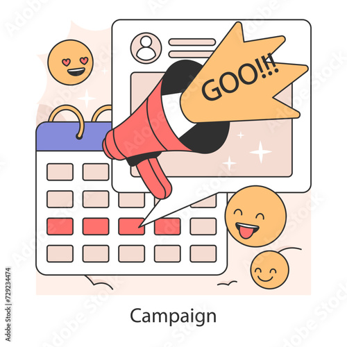 Campaign planning concept. Illustration of strategic scheduling and cheerful execution of marketing initiatives. Emphasizing action in advertising efforts. Flat vector illustration.