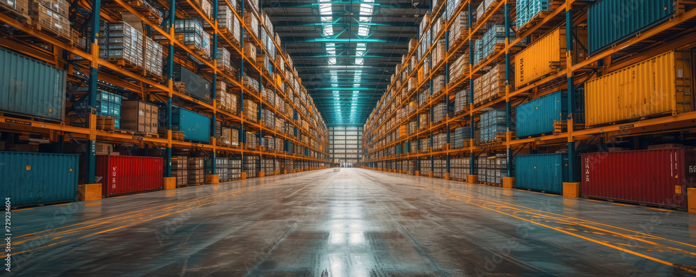 Fototapeta premium Warehouse industrial interior and logistics companies, Large factory workshop space building, Commercial warehouse