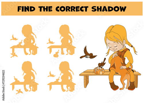 Find the correct shadow. Cute schoolgirl pets a puppy sitting on a bench and feeding birds. Educational matching game for kids with cartoon character. Logic game, learning card, vector illustration