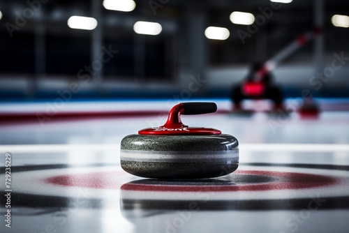 Detailed View of Curling Stone on Ice Rink with Player Silhouette in the Distance: Focus on Winter Sport, Team Tactics, and Ice Games Concept