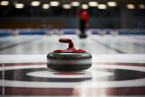 Close-up of a Curling Stone on Ice with Player in Background: Precision Sport, Team Strategy, and Winter Competition Concept