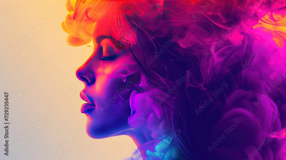 The gradient smoothly merges with the subject's hair, the girl's beautiful face in profile. The vibrant and dynamic nature of the mind and dreams. The gradient smoothly merges with the subject's hair, the girl's beautiful face in profile. The vibrant and dynamic nature of the mind and dreams.
