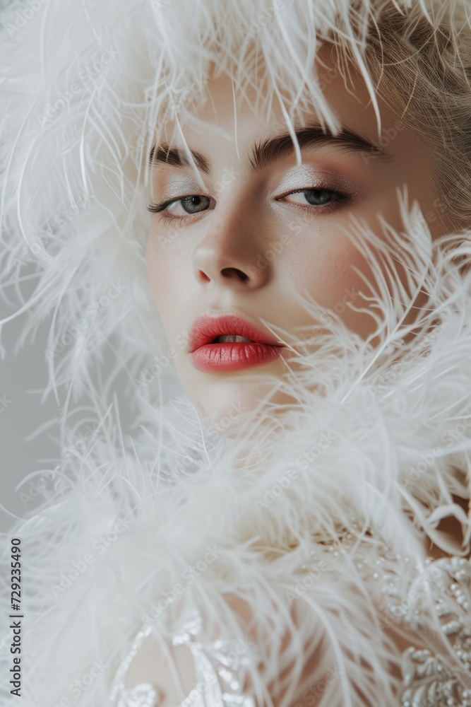 A woman wearing a white feathered dress and vibrant red lipstick. This image can be used for fashion editorials, beauty blogs, or glamorous event promotions