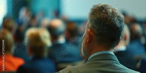 A man in a suit attentively watches a large group of people. This image can be used to depict concepts such as leadership, observation, or crowd management