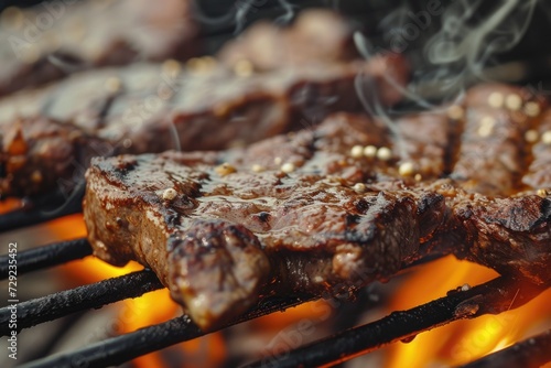 Grilled steaks cooking on a grill with flames in the background. Perfect for food and cooking-related projects