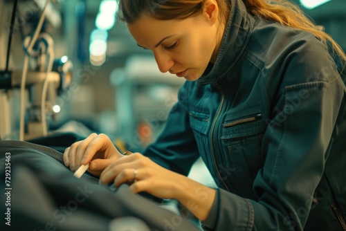 A woman is diligently working on a piece of clothing. This image can be used to showcase the art of garment-making or to illustrate the process of creating customized clothing