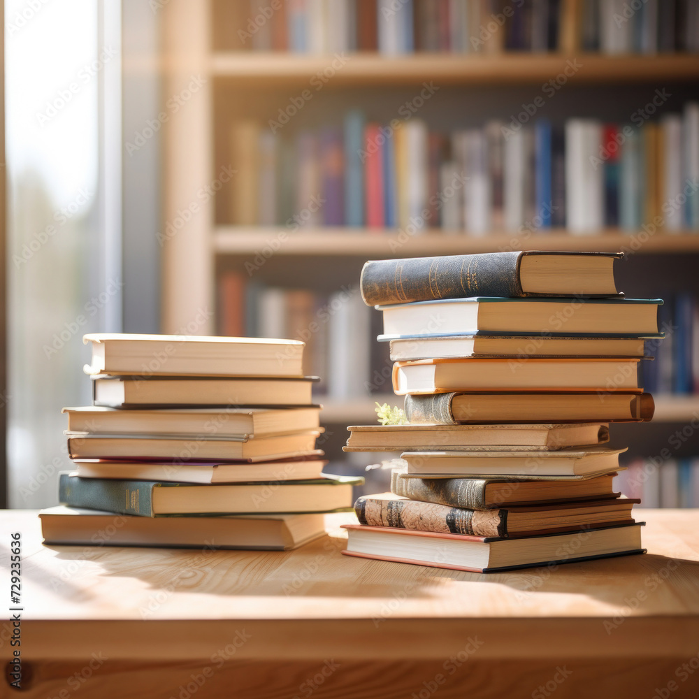 Stack of Books and cantovars on wooden table and blurred bookshelf in library room. Stack of Books and cantovars on wooden table and blurred bookshelf in library room.