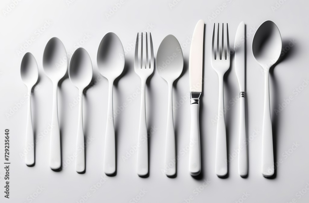 Cutlery set with fork, knife, spoon, cutlery isolated on white background. Flat lay, top view, copy space. Silverware set. Above view. Cutlery set with fork, knife, spoon, cutlery isolated on white background. Flat lay, top view, copy space. Silverware set. Above view.