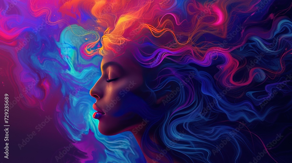 The gradient smoothly merges with the subject's hair, the girl's beautiful face in profile. The vibrant and dynamic nature of the mind and dreams.