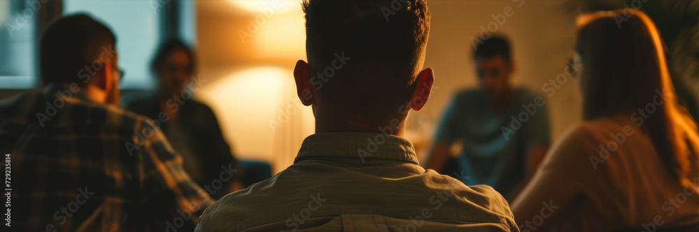 Young recovering alcoholic man sitting at a support group, concept of sobriety and recovery from alcoholism/addiction - obrazy, fototapety, plakaty 