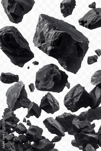A collection of black rocks set against a clean white background. Ideal for a variety of uses