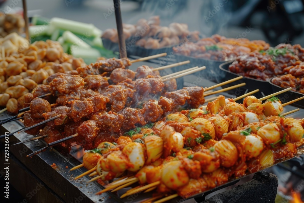 A delicious assortment of food skewered and grilling on a barbecue. Perfect for outdoor cooking and summertime gatherings