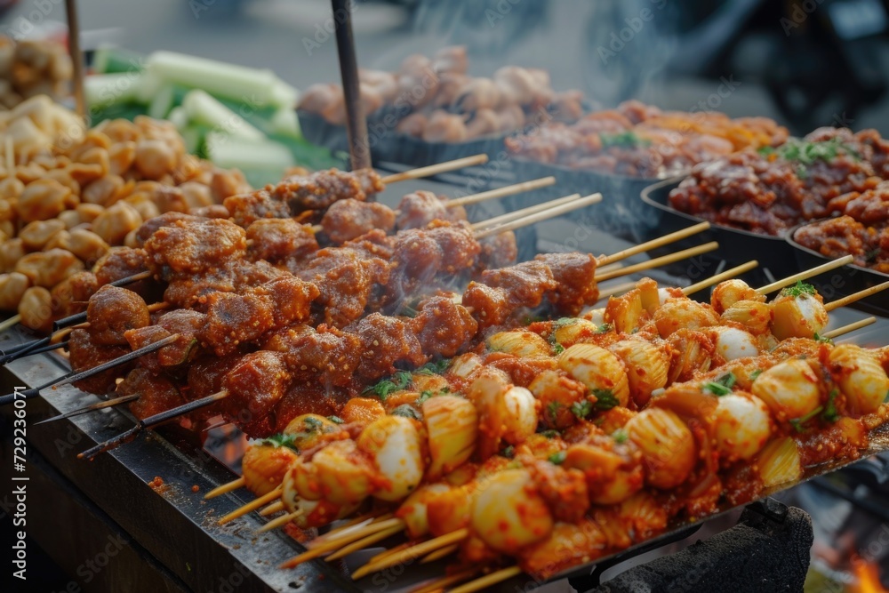 A delicious assortment of food skewered and grilling on a barbecue. Perfect for outdoor cooking and summertime gatherings A delicious assortment of food skewered and grilling on a barbecue. Perfect for outdoor cooking and summertime gatherings