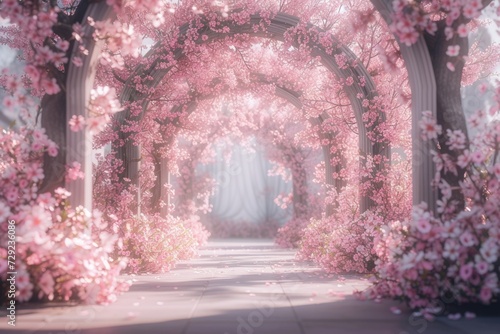 A beautiful tunnel of pink flowers under the bright sun. Perfect for adding a touch of nature and color to any project or design © Fotograf