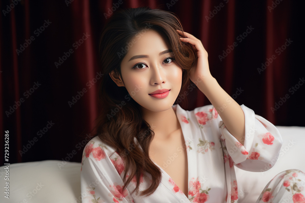 Naklejka premium Asian woman exudes relaxation in traditional pajamas, standing gracefully in a serene mood. Generative AI.