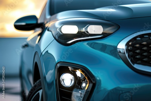 Close-up view of a car s headlights. Versatile image suitable for automotive industry  transportation themes  and nighttime scenes