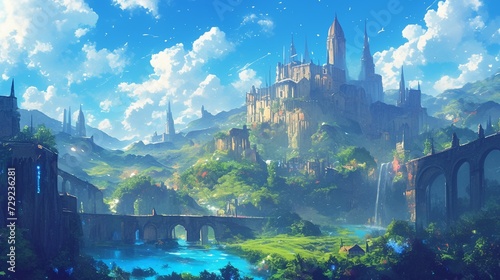 Epic Enchantments: A Majestic Fantasy Anime Landscape Castle Kingdom Adventure © dimensdesign