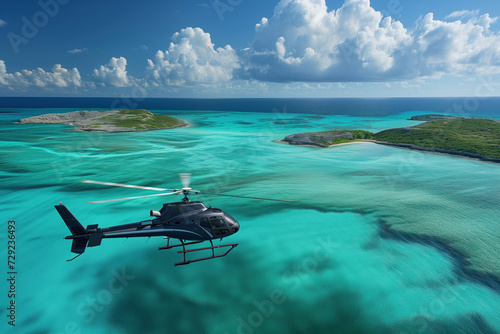 Helicopter flying over tropical islands