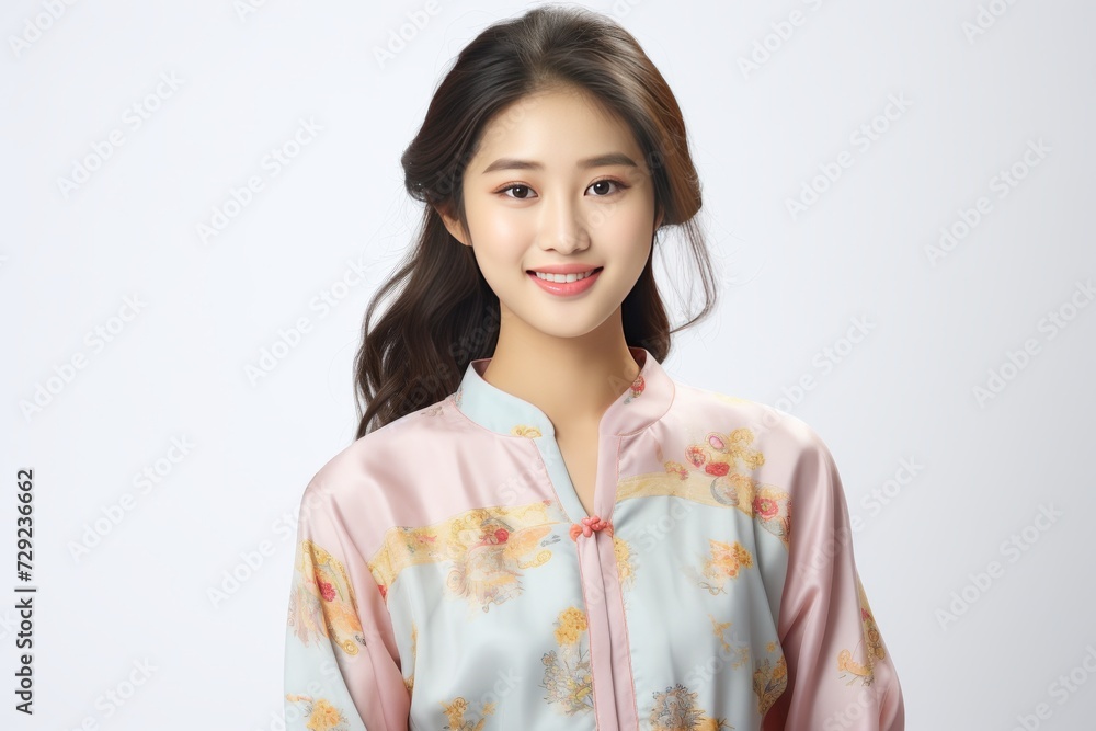 Asian woman exudes relaxation in traditional pajamas, standing gracefully in a serene mood. Generative AI. Asian woman exudes relaxation in traditional pajamas, standing gracefully in a serene mood. Generative AI.