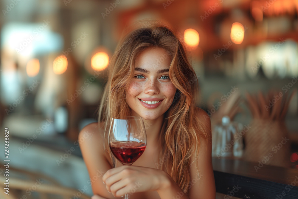 Woman with red wine in bar Woman with red wine in bar
