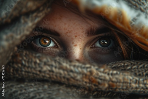 Close up of a woman's eyes with a scarf wrapped around her head. Versatile image suitable for fashion, winter, and beauty concepts