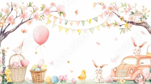 An Easter scene featuring a car, a basket of colorful eggs, and adorable bunnies. Perfect for Easter-themed designs and decorations © Fotograf