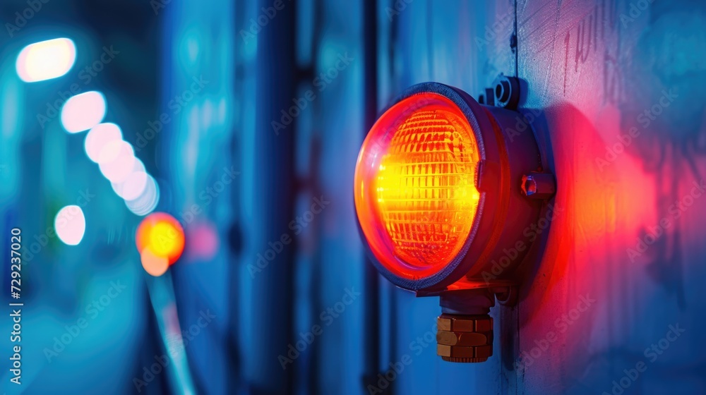 A red light is seen on a wall adjacent to a train track. This image can be used to depict caution, warning, or the presence of a railroad A red light is seen on a wall adjacent to a train track. This image can be used to depict caution, warning, or the presence of a railroad