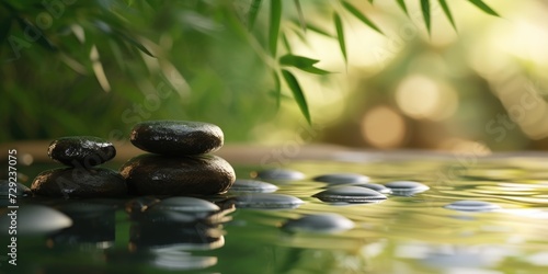 A couple of rocks sitting peacefully on top of a body of water. This serene image can be used to depict tranquility and nature s beauty