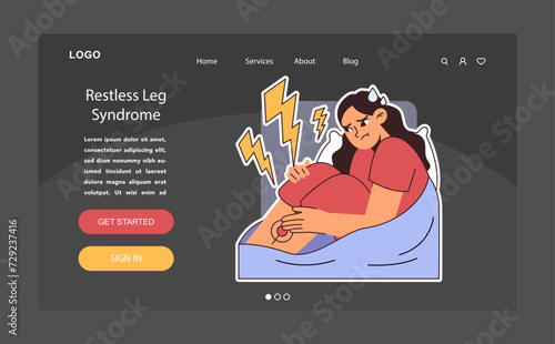 Restless legs syndrome or RLS dark or night mode web, landing. Nighttime problem. Insomniac woman with unsettling twitching feet. Anxiety and neurosis, sleep disorder. Flat vector illustration.