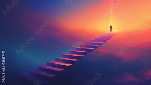 Conceptual business man climbing a stair over the clouds at sunset background. A captivating image capturing the essence of progress and determination. photo