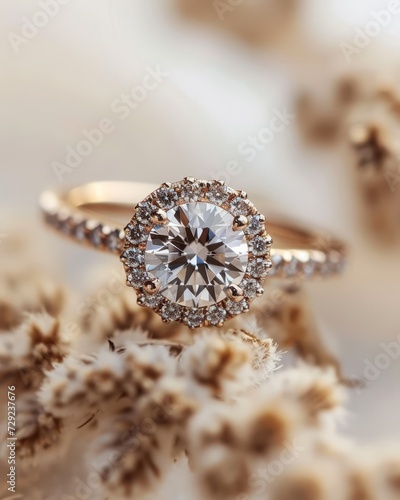 Wedding ring with a large diamond on a rustic background. Engagement ring, featuring a brilliant-cut diamond held in a minimalist, rose gold setting.