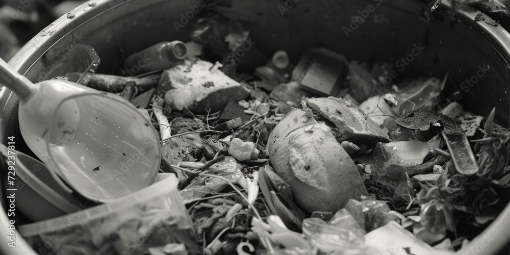 A metal bowl filled with various types of trash. This image can be used to represent waste, pollution, or cleanliness