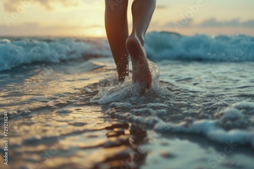 A person is standing in the water at the beach. This image can be used to depict a relaxing beach vacation or enjoying the ocean