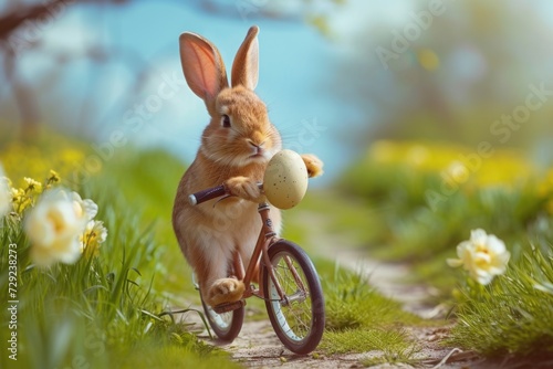 A rabbit is riding a bike while holding a ball in its mouth. This image can be used to depict a playful and active lifestyle