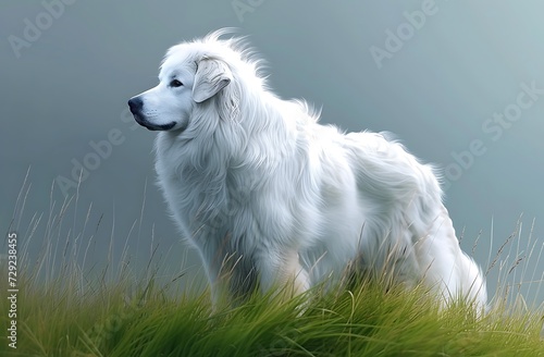 a Great Pyrenees dog standing on the ground, in the style of southern countryside, dark beige and gold, soft-focus portraits