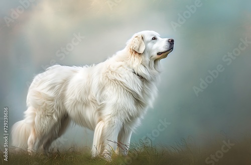 a Great Pyrenees dog standing on the ground, in the style of southern countryside, dark beige and gold, soft-focus portraits