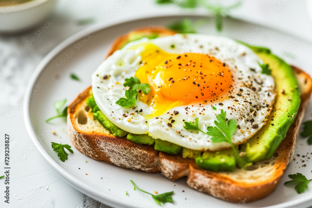 Avocado toast with sunny side up eggs and fresh basil leaves in a white plate.