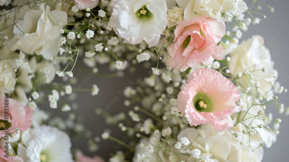 Close-Up of Wreath With White and Pink Flowers