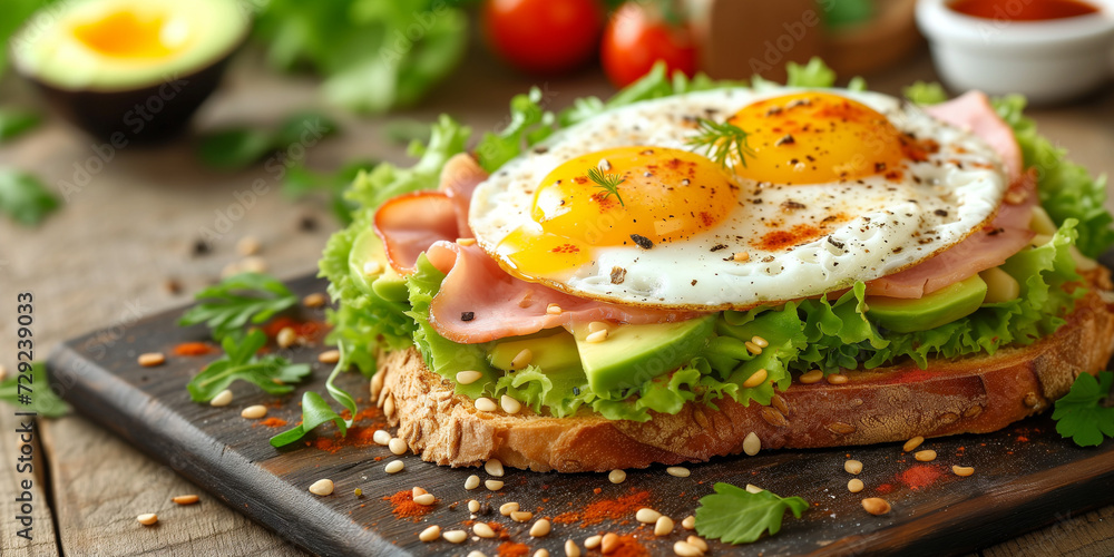 close shoot of a goutmet open sandwich brunch with avocado ham sunny-side up egg tomato seasoning on healthy seed bread close shoot of a goutmet open sandwich brunch with avocado ham sunny-side up egg tomato seasoning on healthy seed bread