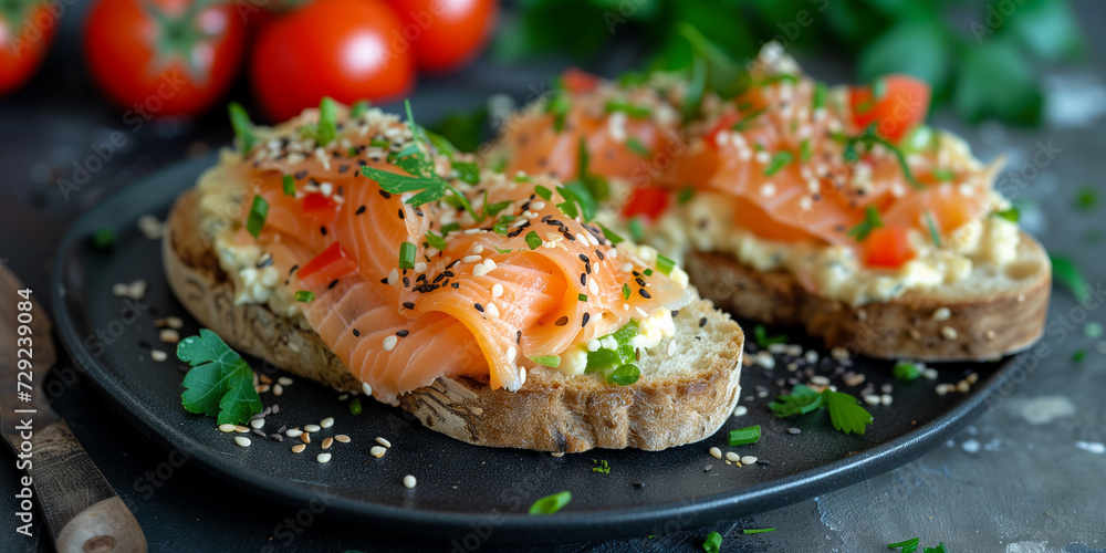 close shoot of a goutmet open sandwich brunch with salmon tomato seasoning on healthy seed bread close shoot of a goutmet open sandwich brunch with salmon tomato seasoning on healthy seed bread