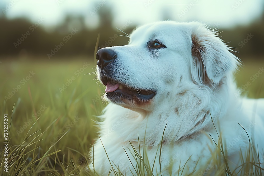 a Great Pyrenees white dog laying in the grass at the water's edge, in the style of bokeh panorama, richly colored skies a Great Pyrenees white dog laying in the grass at the water's edge, in the style of bokeh panorama, richly colored skies