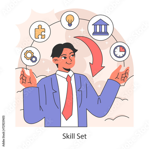 Skill set. A professional juggles multiple skills for career versatility. Strategic development of personal and professional competencies. Flat vector illustration.