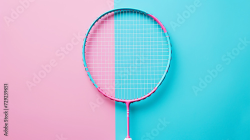 Top view of badminton racket against hot pink and blue backdrop. Sport concept. Generative AI © AngrySun