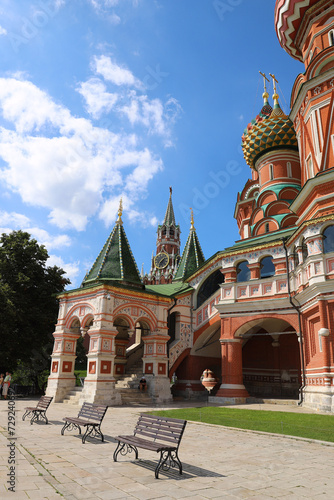 Moscow, Russia - Aug 20, 2023: The Cathedral of Vasily the Blessed known as Saint Basil's Cathedral.