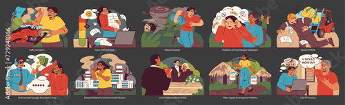 Social issues set. Diverse personal and environmental challenges. Everyday struggles from health to housing. Contemporary life complexities illustrated. Flat vector illustration.