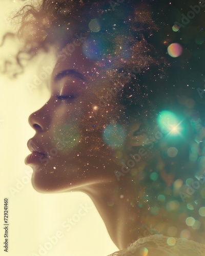 Artistic profile of a woman merged with a cosmic star dust, evoking a dreamy space theme