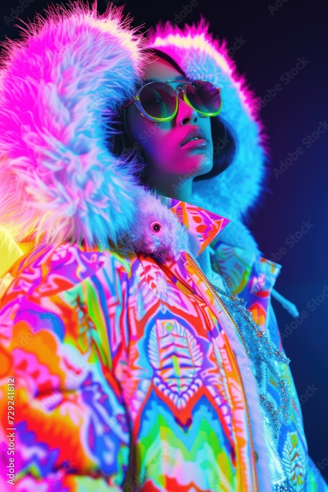 Fashionable woman wearing vibrant winter clothing with a fur hood and neon lights reflecting on her face