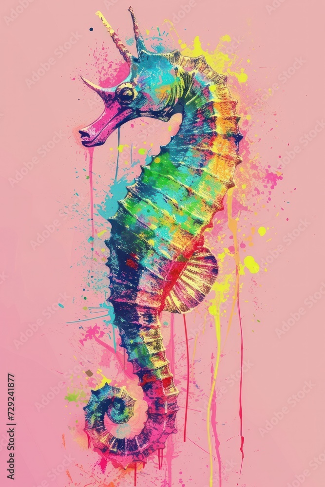 Colorful watercolor-style seahorse illustration with splashes on a pink background