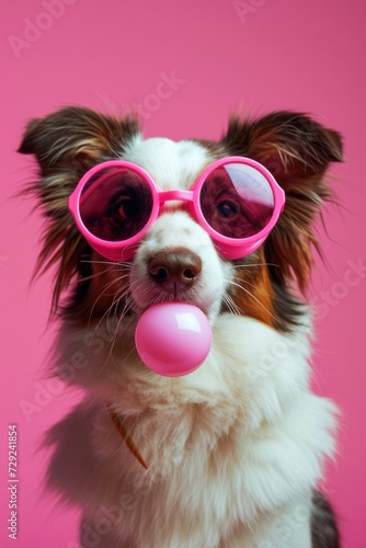 Adorable dog wearing pink sunglasses while blowing a pink bubblegum on pink background © Glittering Humanity