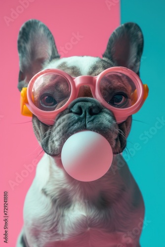 Playful french bulldog sporting colorful sunglasses and bubblegum on a two-tone background © Glittering Humanity